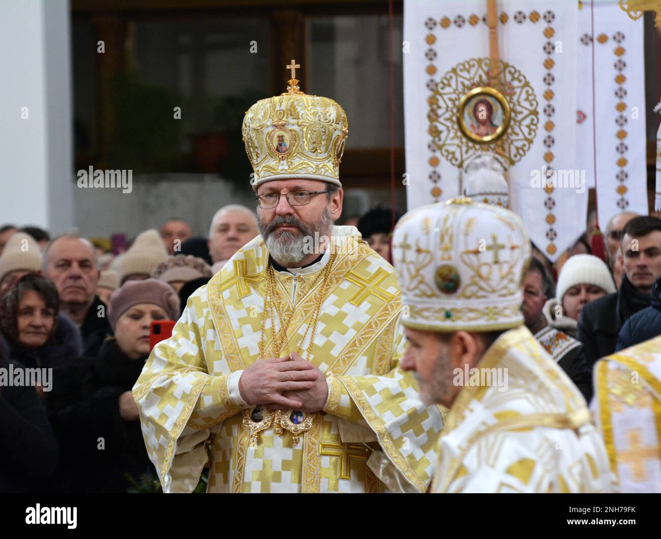 Chortkiv - Ternopil - Ukraine - February 4, 2023. The Head of the UGCC, His Beatitude Patriarch Sviatoslav, visited the Cathedral Cathedral in Chortko Stock Photo