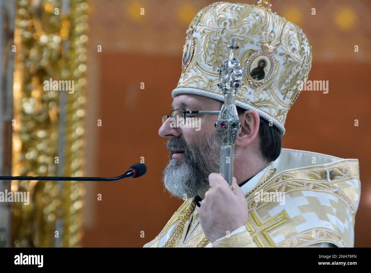 Chortkiv - Ternopil - Ukraine - February 4, 2023. The Head of the UGCC, His Beatitude Patriarch Sviatoslav, visited the Cathedral Cathedral in Chortko Stock Photo