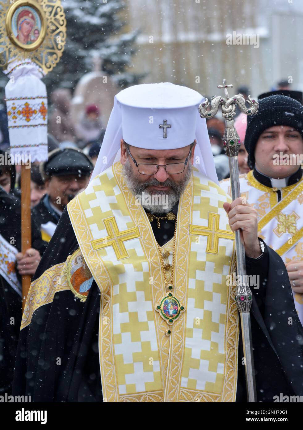 Chortkiv - Ternopil - Ukraine - February 4, 2023. The Head of the UGCC, His Beatitude Patriarch Sviatoslav, visited the Cathedral Cathedral in Chortko Stock Photo