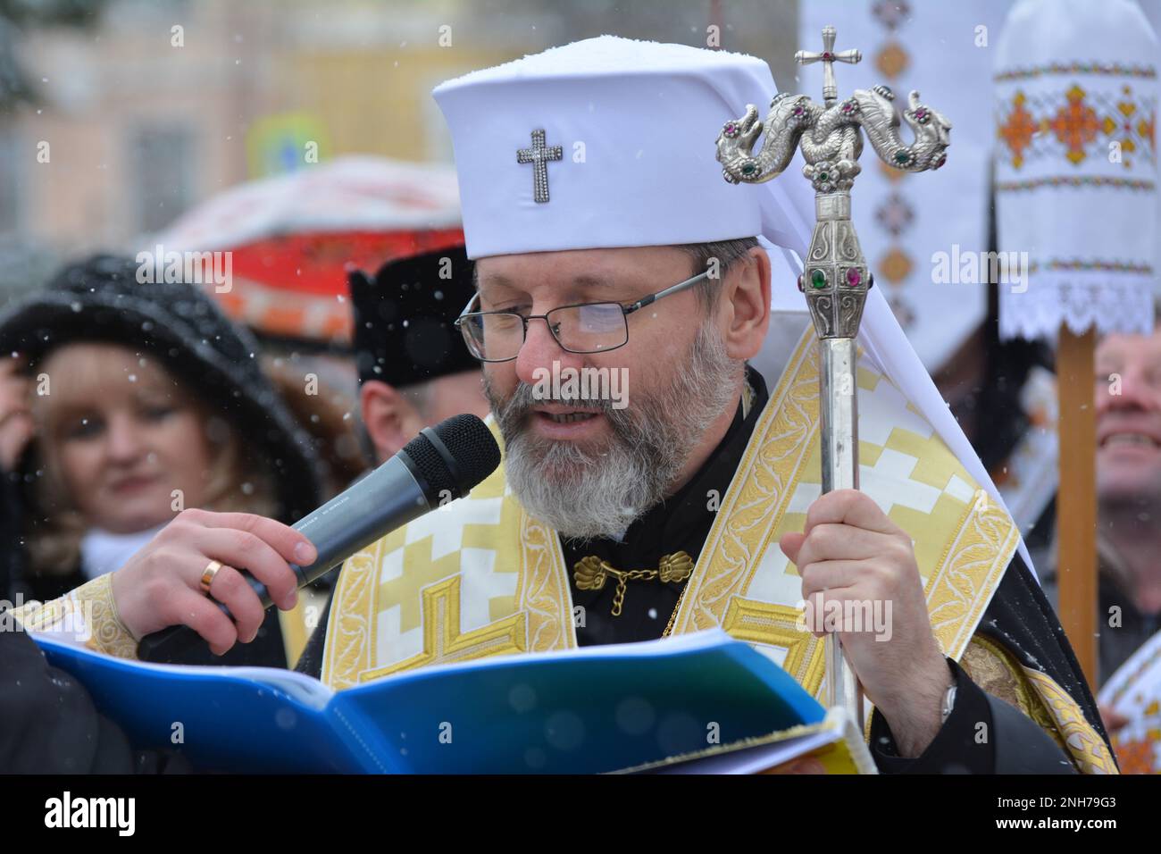 Chortkiv - Ternopil - Ukraine - February 4, 2023. The Head of the UGCC, His Beatitude Patriarch Sviatoslav, visited the Cathedral Cathedral in Chortko Stock Photo