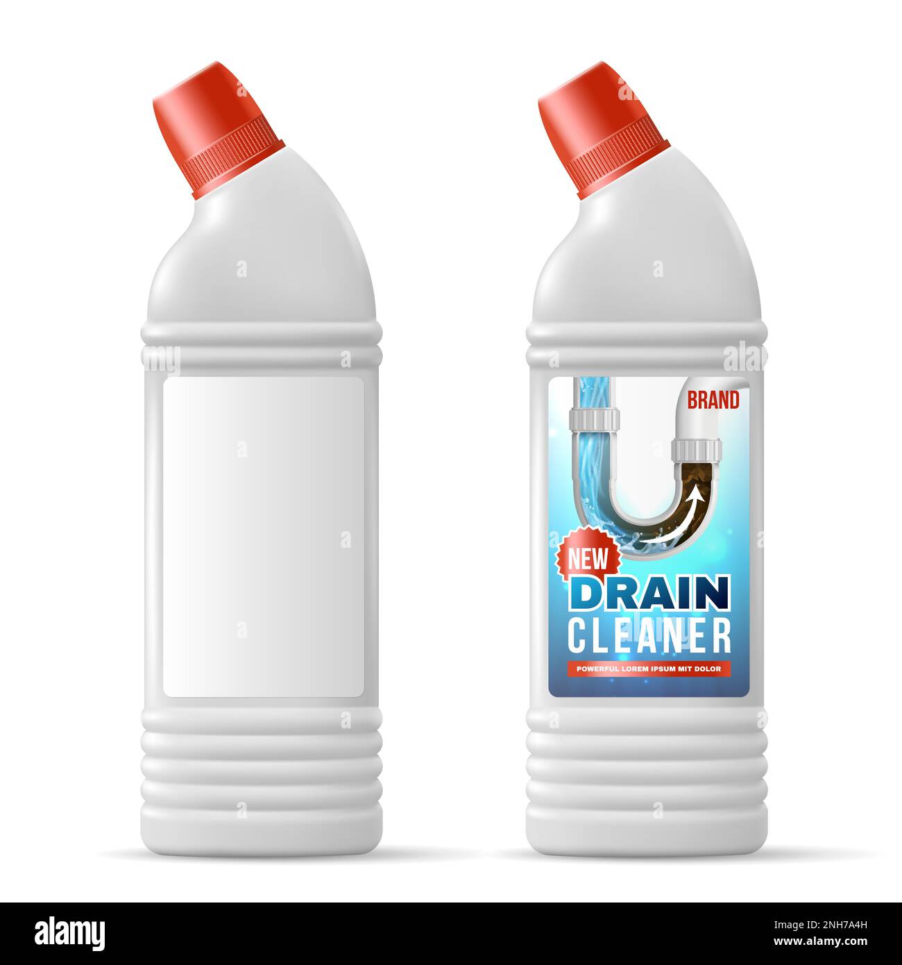Drain pipe cleaner in plastic bottles realistic mockup for ad of new