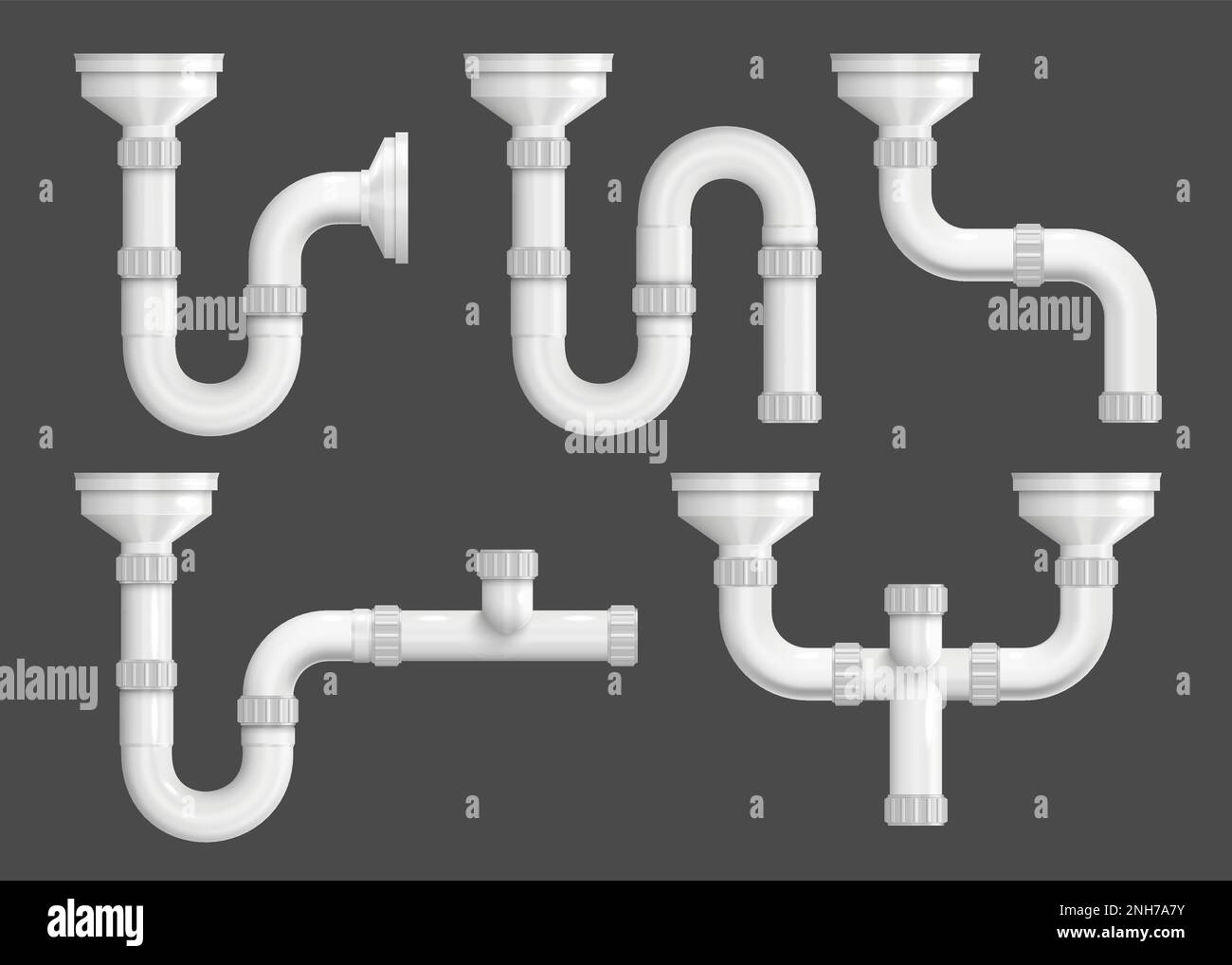 White plastic drain pipes and sink siphons for wastewater realistic set
