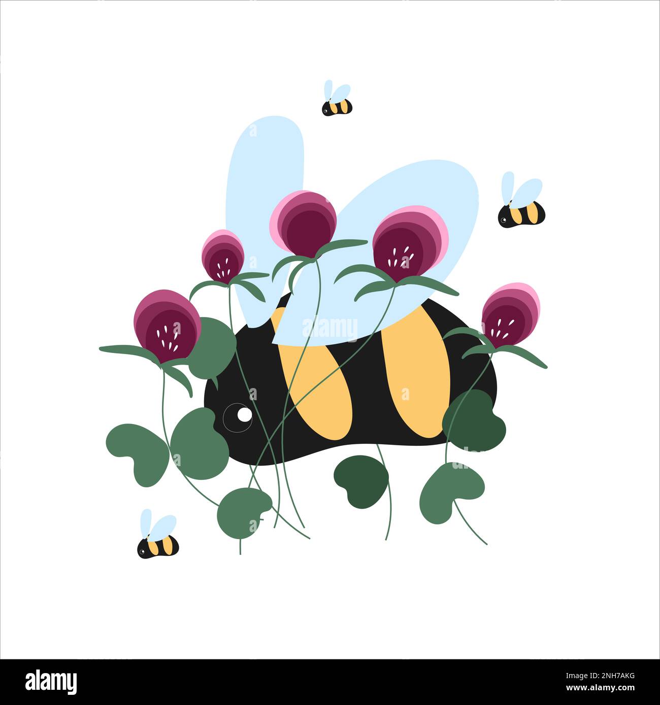 spring postcard with bumblebee. Flowered animal with floral clovers background Stock Vector