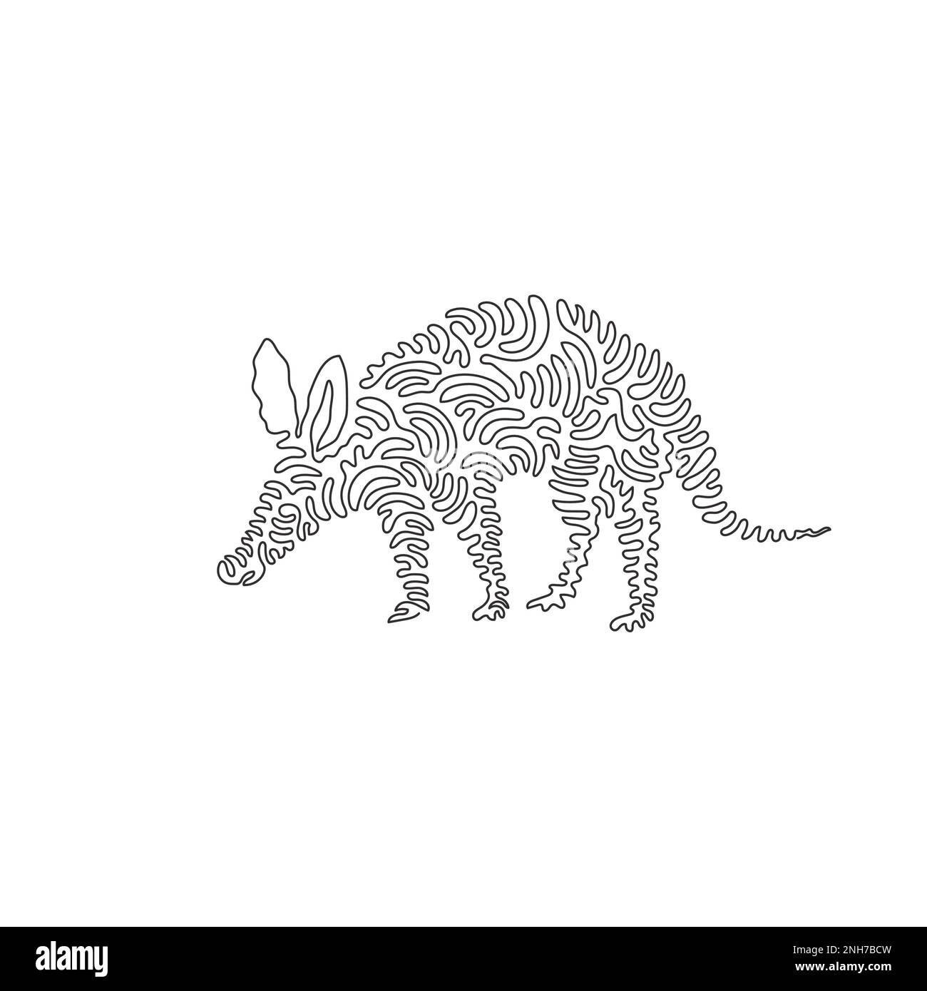 Single one curly line drawing of cute aardvark abstract art. Continuous line draw graphic design vector illustration of long snout aardvark for icon Stock Vector