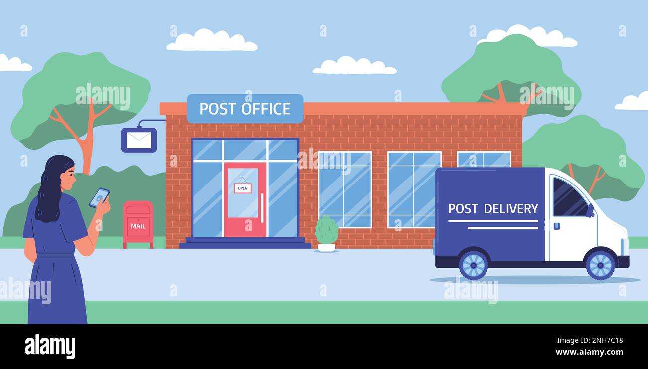 Post office delivery colored composition girl with the phone stands in