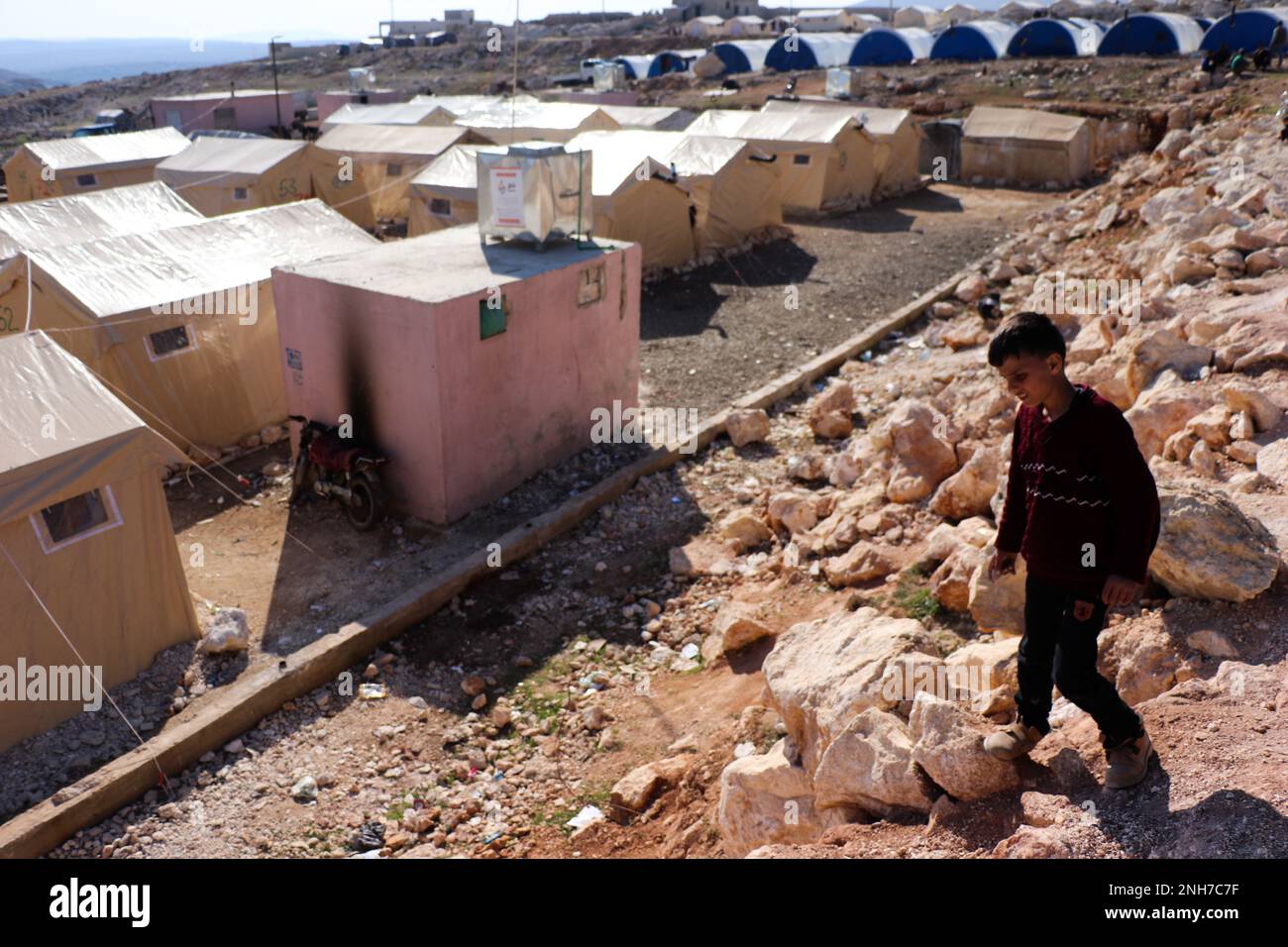 February 20, 2023, Darat Izza, Aleppo governorate, Syria: Aleppo, Syria. 21 February 2023. Children in the displacement camps for quake survivors in the Syrian town of Darat Izza, in the western countryside of Aleppo. More than 250 families from Jenderis and other towns in northwest Syria affected by the earthquake have sought refuge in the makeshift camps. The quakes that struck Turkiye and Syria on 6 February 2023 have heavily impacted north-west Syria (Credit Image: © Juma Mohammad/IMAGESLIVE via ZUMA Press Wire) EDITORIAL USAGE ONLY! Not for Commercial USAGE! Stock Photo
