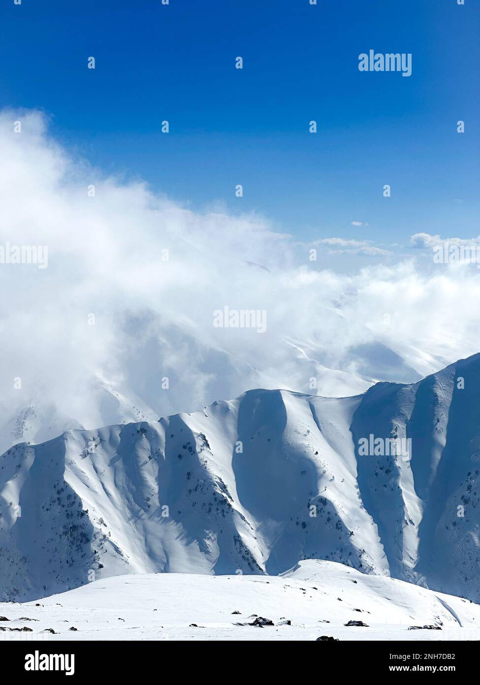 Snow  covered Himalayan mountain peaks. Glaciers are source of water for India, bangladesh,Nepal and other Asian countries.moutains with snow. Stock Photo