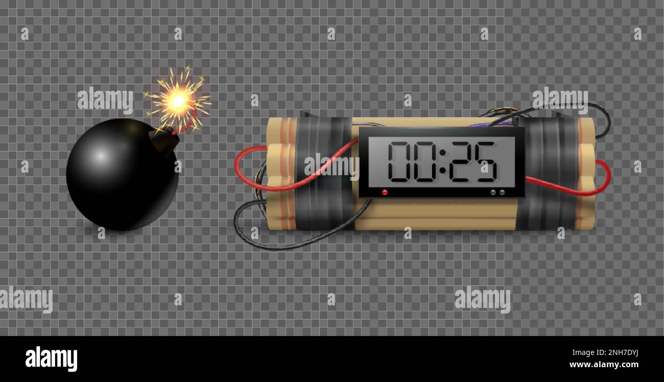 Dynamite bomb realistic set with isolated images of bomb with digital timer clock and vintage