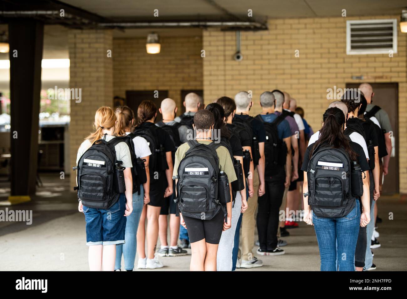 On July 21, 2022, the 324th Training Squadron's new arrivals line up at Joint Base San Antonio-Lackland, Texas. The 324th TRS was in week zero of Basic Military Training. Stock Photo