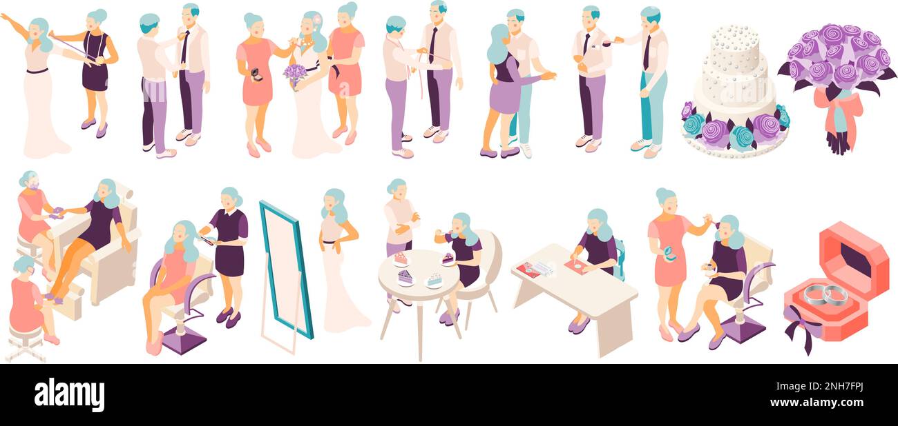 Wedding preparations recolor icons with bride and groom in tailor shop manicure salon