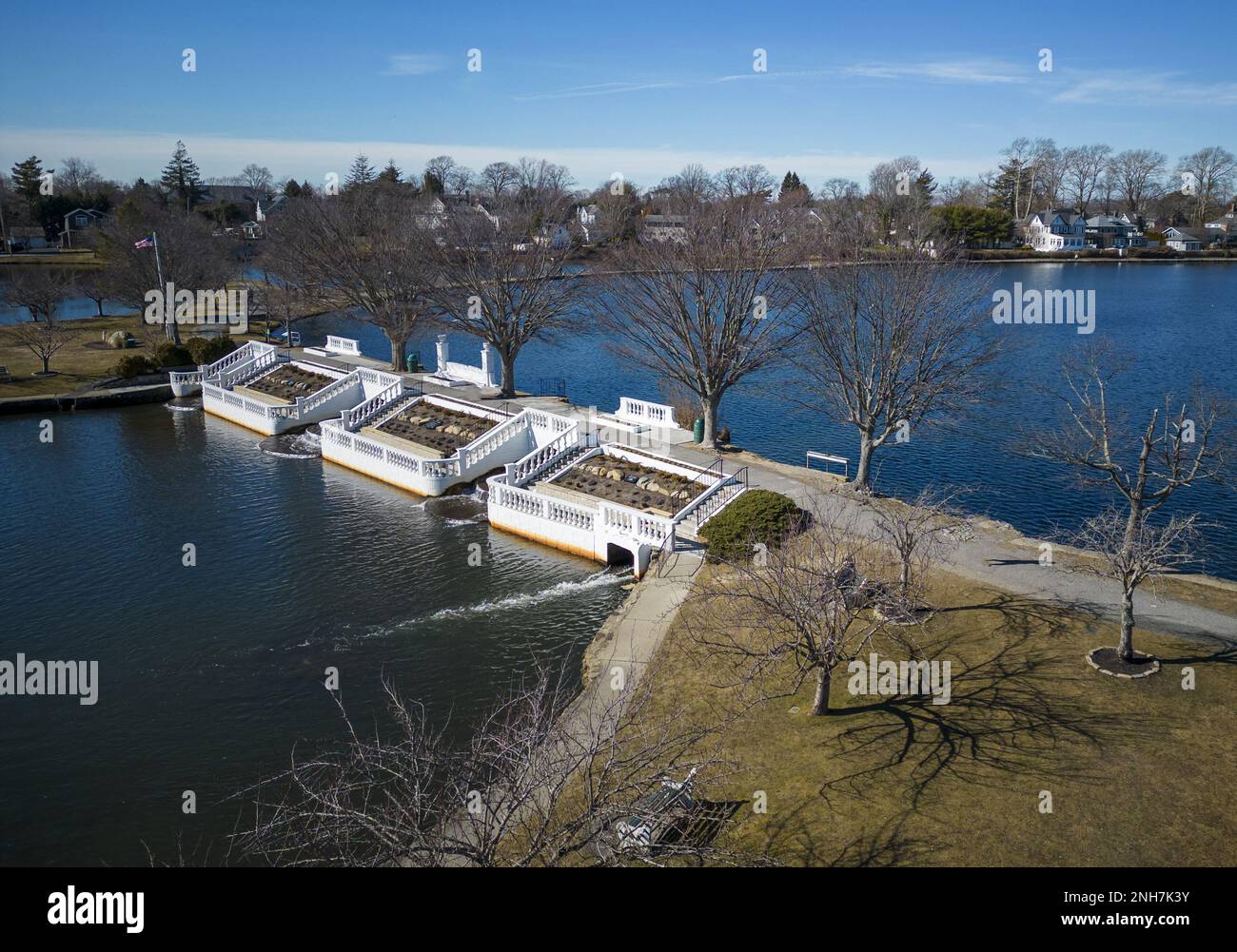 Drone view above Argyle Lake Park looking west at the waterfalls and lakes on a sunny afternoon in February 2023. Stock Photo