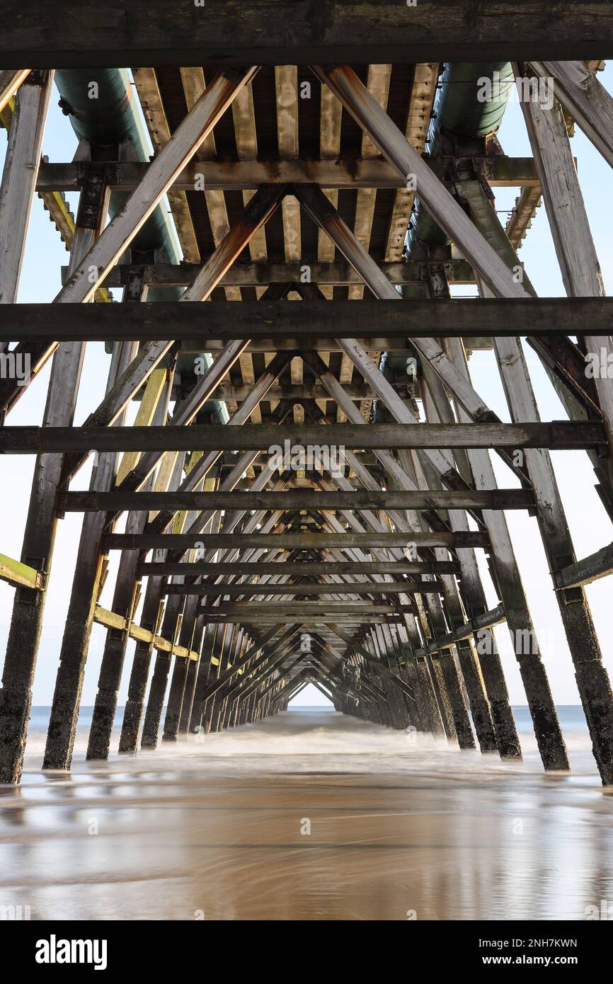 The Underside of Steetley Pier, Hartlepool, County Durham, UK. The Pier was used to pump water to the Magnesite plant in the 1960’s which has since be Stock Photo