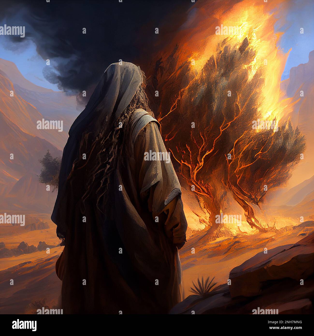 Moses with the burning bush, old Testament and jewish Torah, Book of Exodus, religion Stock Photo