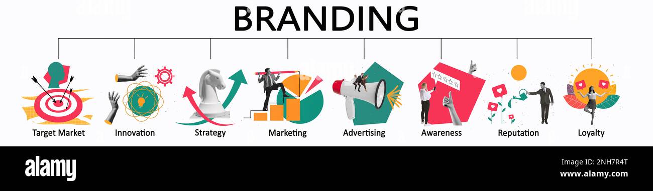 Collage made of designs about digital marketing, target, social media ...