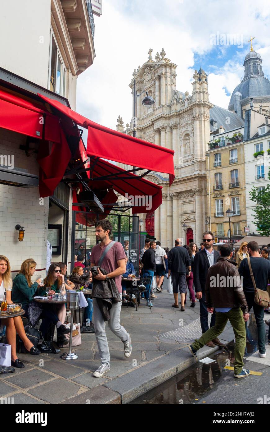 Paris France Large Crowd People Walking Street Scene French Cafe