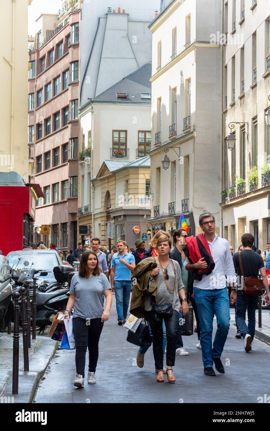 Paris, France, Large Crowd People, Walking, Old Buildings, Facades