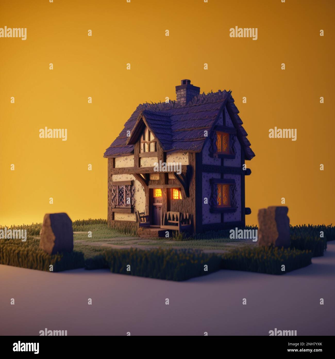 Illustration small house,fantasy wooden,highly detailed, hyperrealistic,3d, Unreal Engine 5,8K with yellow background Stock Photo