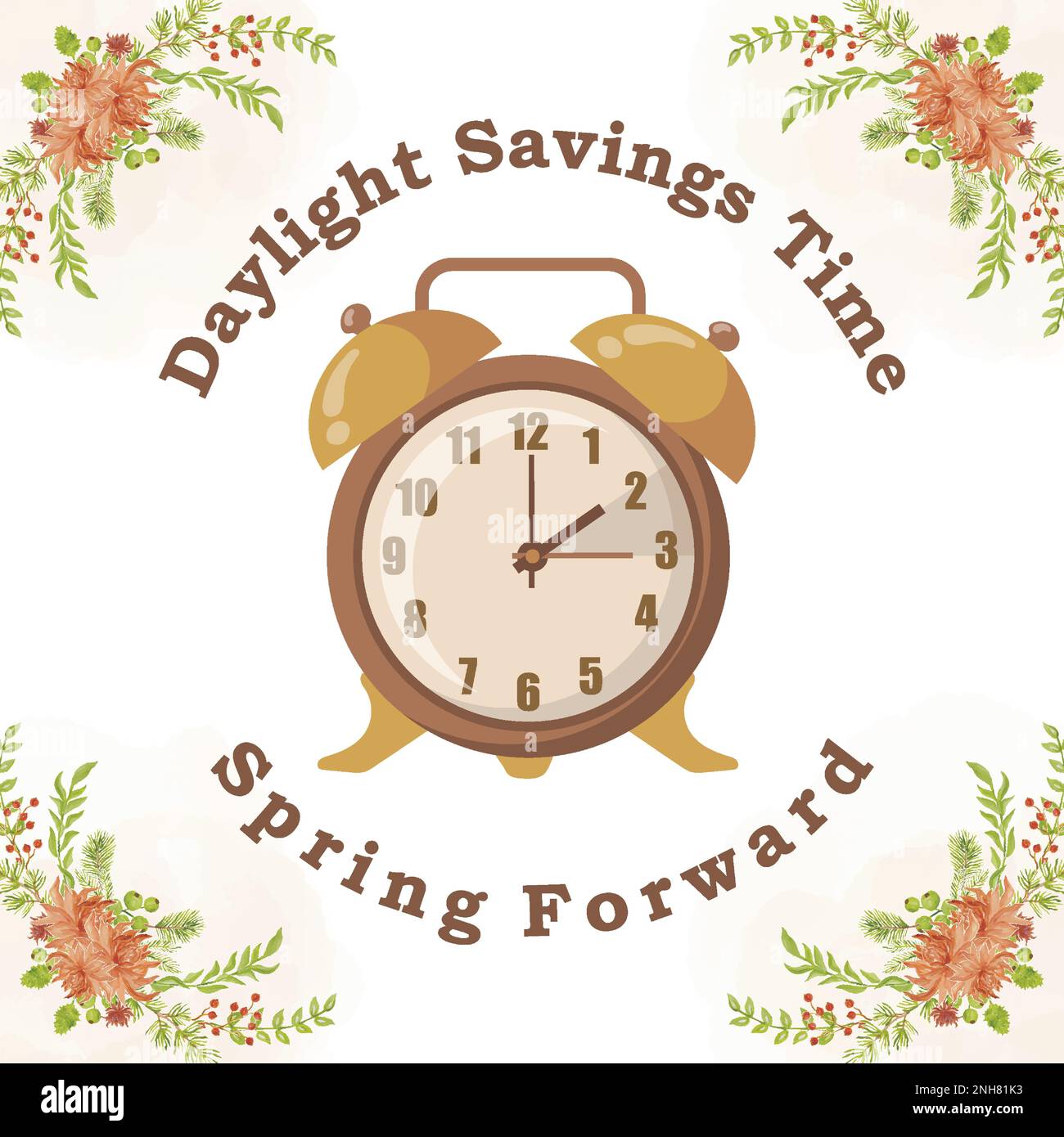 Daylight Saving Time concept. The clocks moves forward one hour. Floral