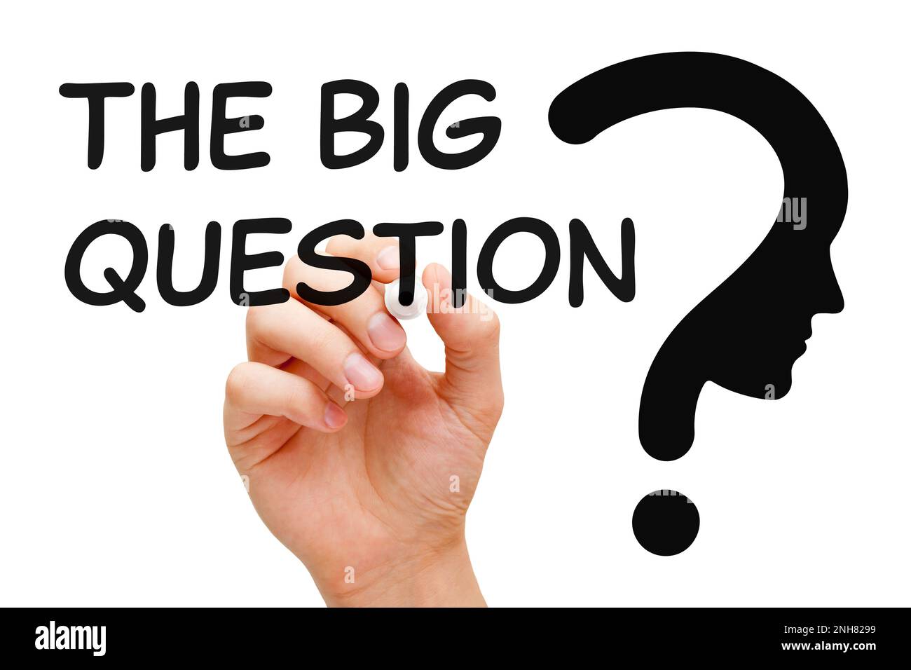 Hand writing The Big Question next to a big question mark. Concept about purpose and meaning of life, philosophy, and existential questions. Stock Photo