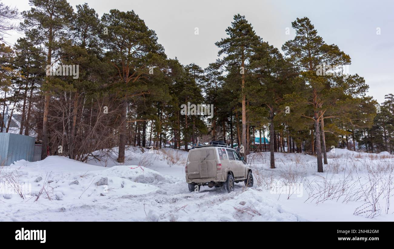 Russian white SUV 'UAZ Patriot' goes to the pine forest on a snowy road in winter. Stock Photo