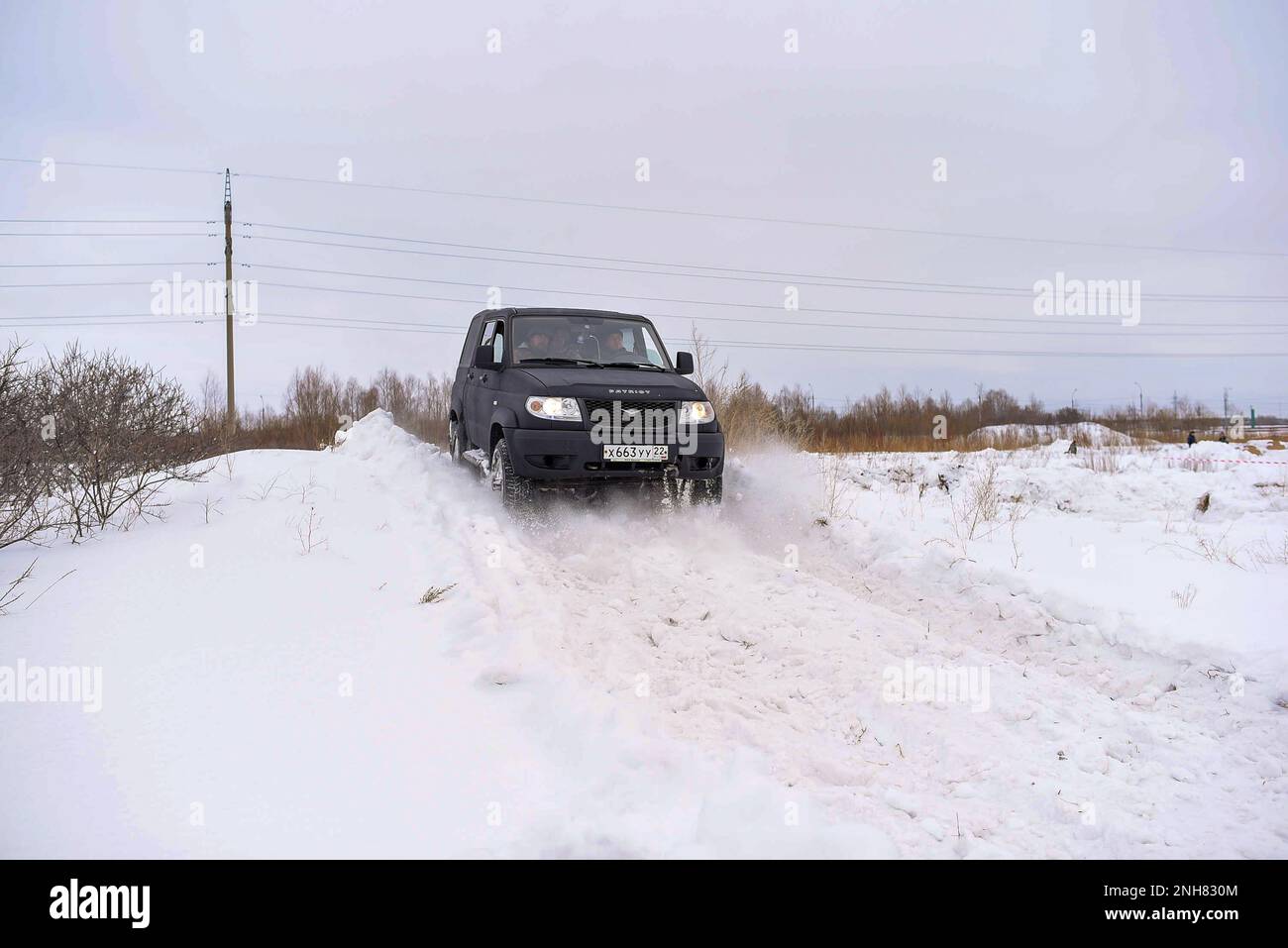 Russian SUV 'UAZ Patriot' quickly goes on a snowy road in the field in winter against the background of the forest clinging to the snowstorm wheel. Stock Photo