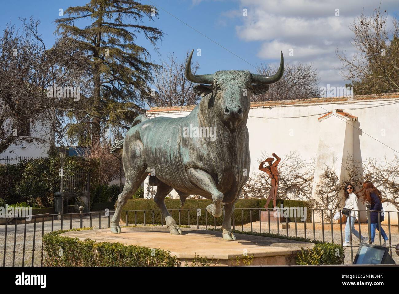Statue, bronze of a fighting bull, in front of Ronda Bullring, Andalucia, Spain. Stock Photo