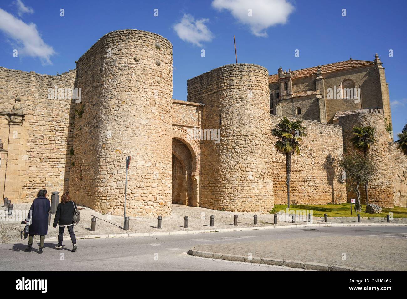 Ronda Spain, Puerta de Almocabar, Moorish city walls of spanish village Ronda, Andalucia, Spain. Stock Photo