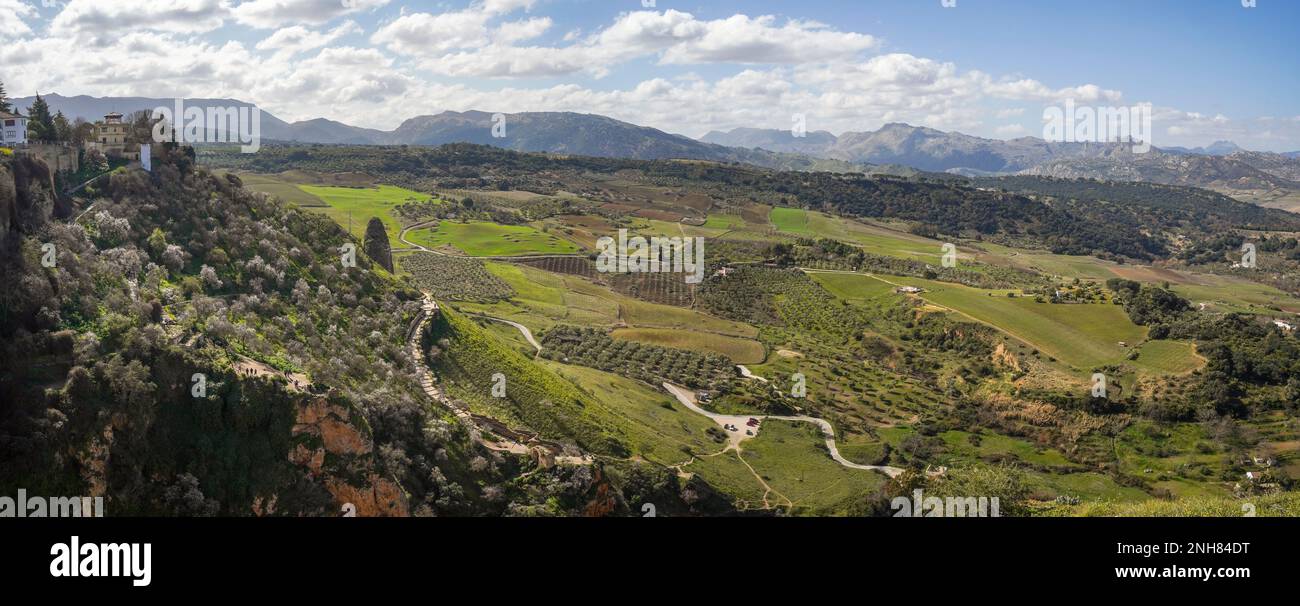 Overlooking valley countryside westwards from clif, at view point of  Ronda, Andalucia, Spain Stock Photo