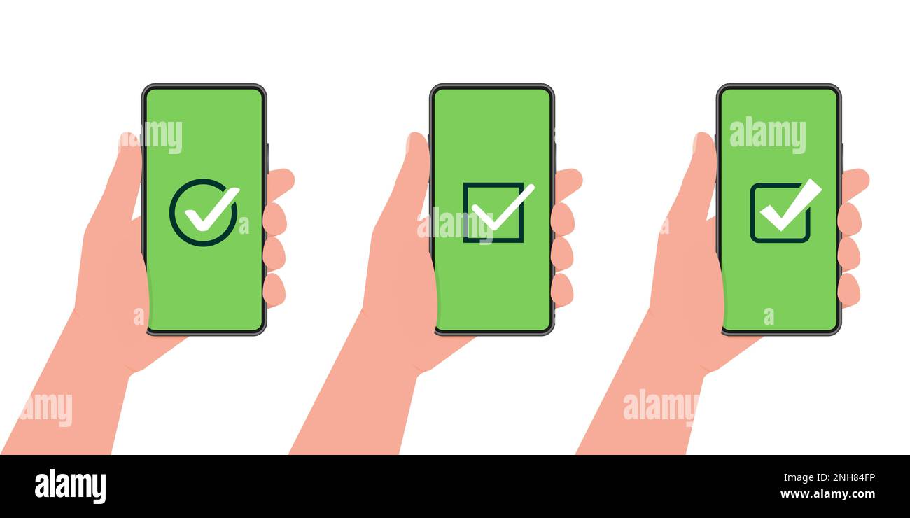 Hand holding a tablet. Using digital tablet pc. Empty screen. Approved choice. Accept or approve checkmark. Stock Vector