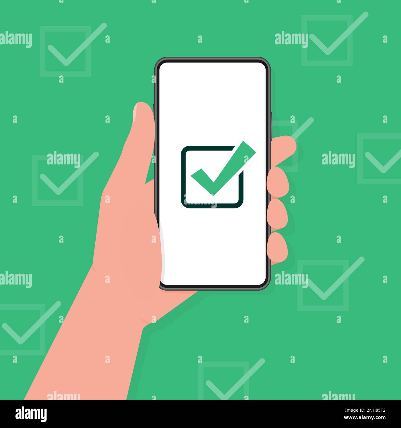 Hand holding a tablet. Using digital tablet pc. Empty screen. Approved choice. Accept or approve checkmark. Stock Vector