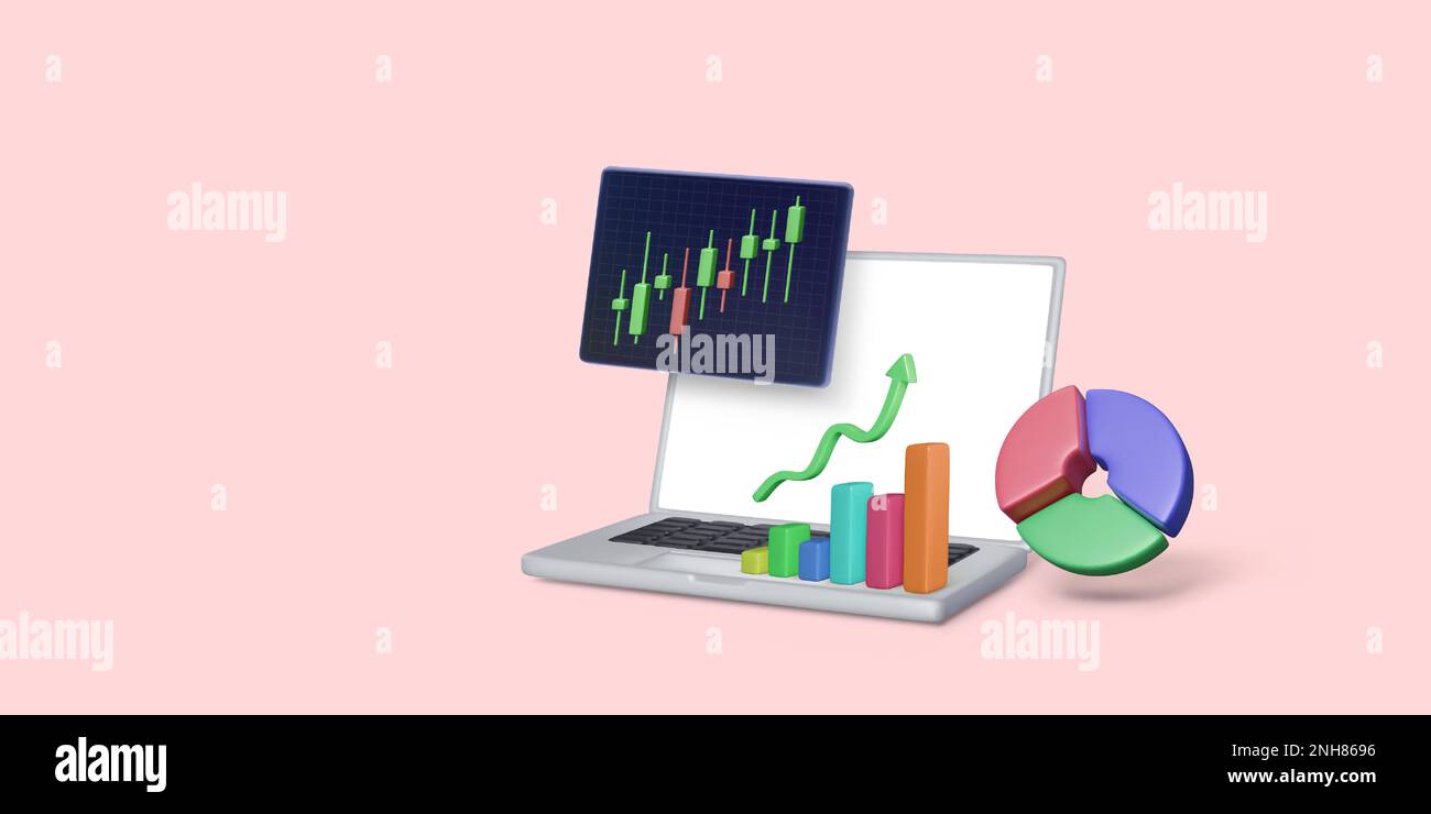 Online stock exchange trading concept. 3D Laptop with pie chart and bar diagram. Analysis and business strategy on stock market. Vector illustration Stock Vector