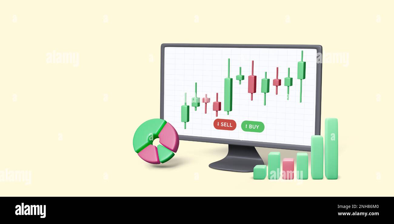 Stock exchange and forex trading on pc. 3D computer monitor with charts and candlestick graph. Growing financial index concept. Market analytics. Vect Stock Vector