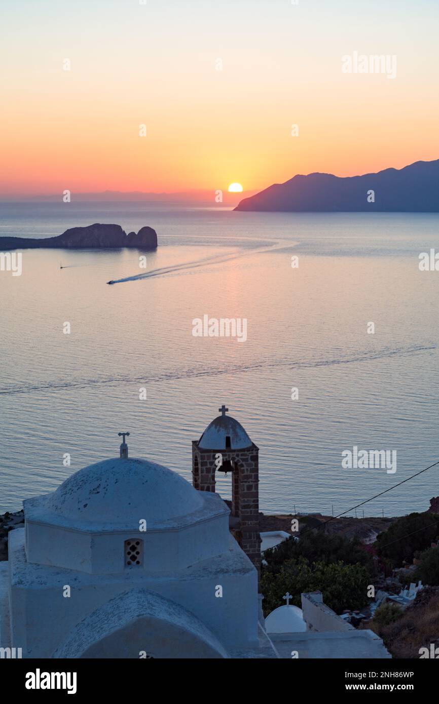 Panoramic view from the Venetian castle of Plaka at sunset, Milos Stock Photo
