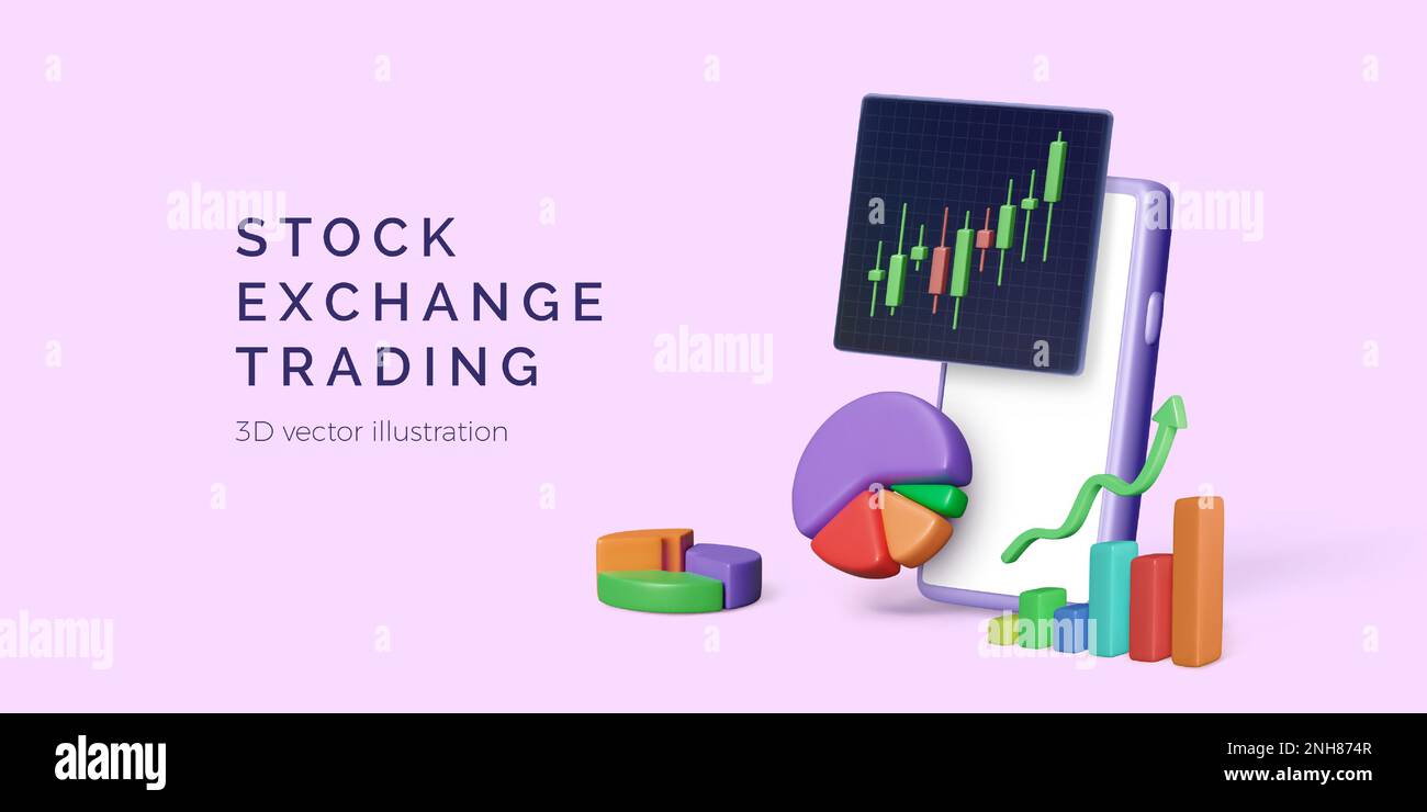 Stock exchange trading concept. 3D mobile app with candlestick diagram