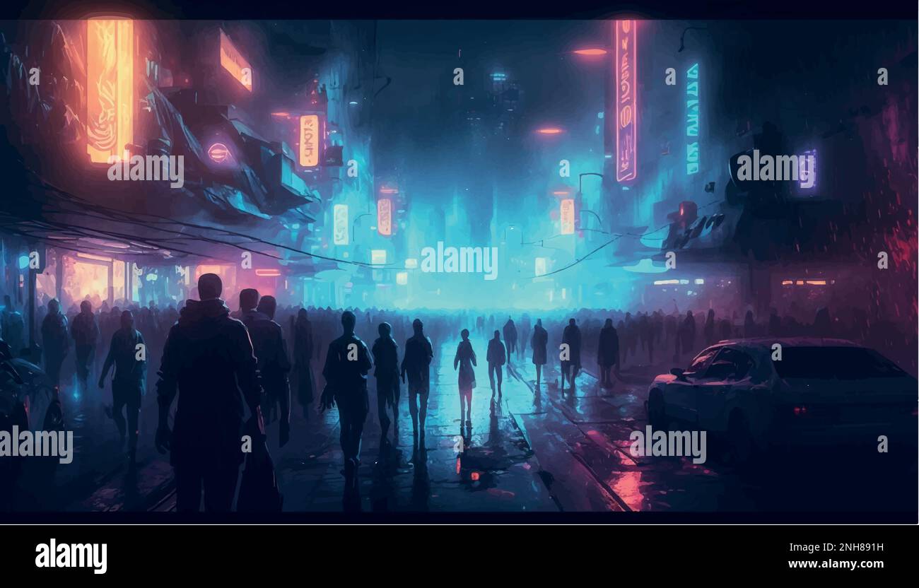 City with neon lights, rainy streets crowded with people, the atmosphere is hectic and chaotic, cyberpunk aesthetic Stock Vector