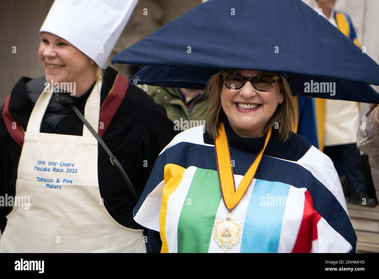 London, UK. 21st Feb, 2023. Shrove Tuesday Livery companies pancake race, Guildhall London UK Credit: Ian Davidson/Alamy Live News Stock Photo