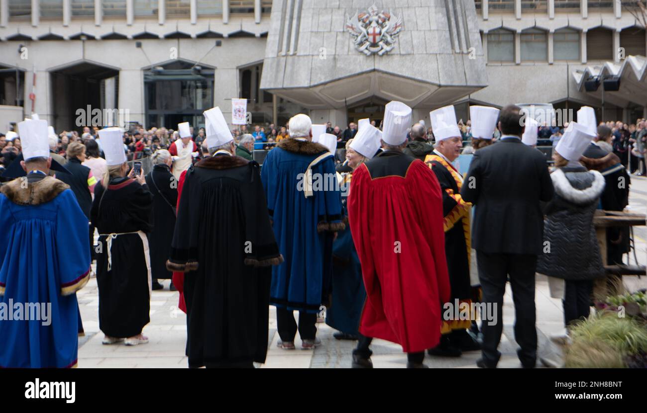 London, UK. 21st Feb, 2023. Shrove Tuesday Livery companies pancake race, Guildhall London UK Credit: Ian Davidson/Alamy Live News Stock Photo