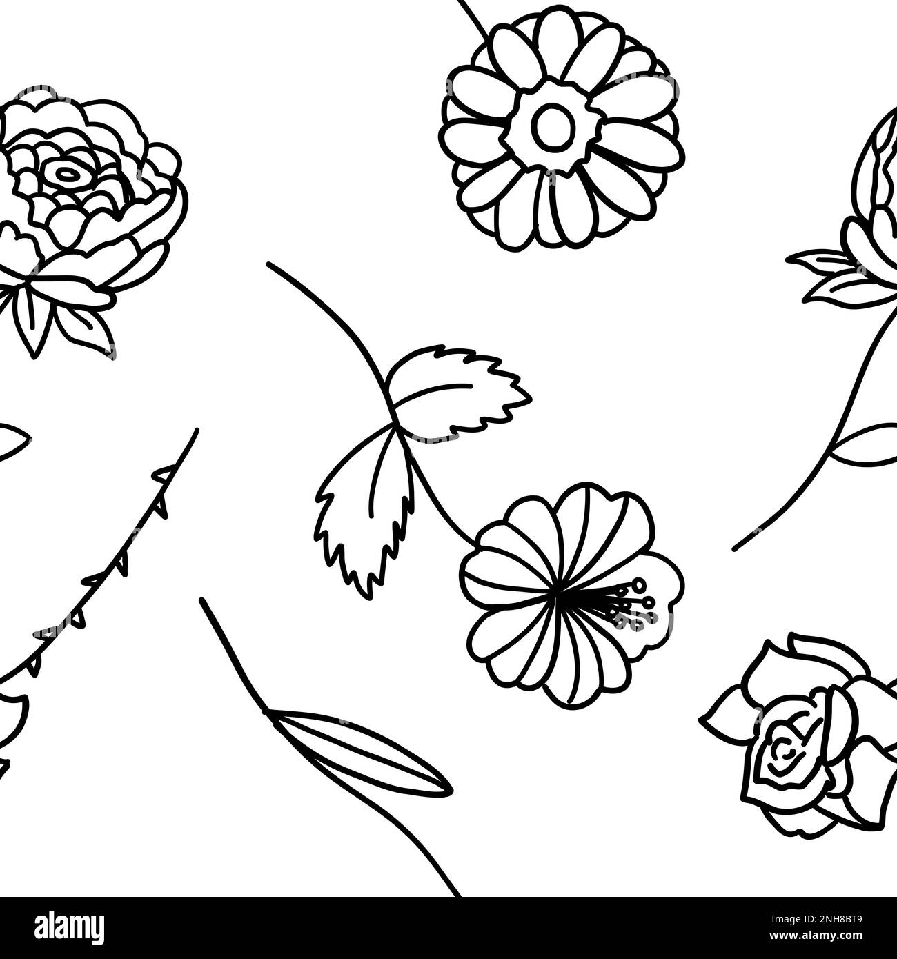 Seamless pattern with flowers in outline doodle style on a white background. Sketch for coloring. Stock Vector