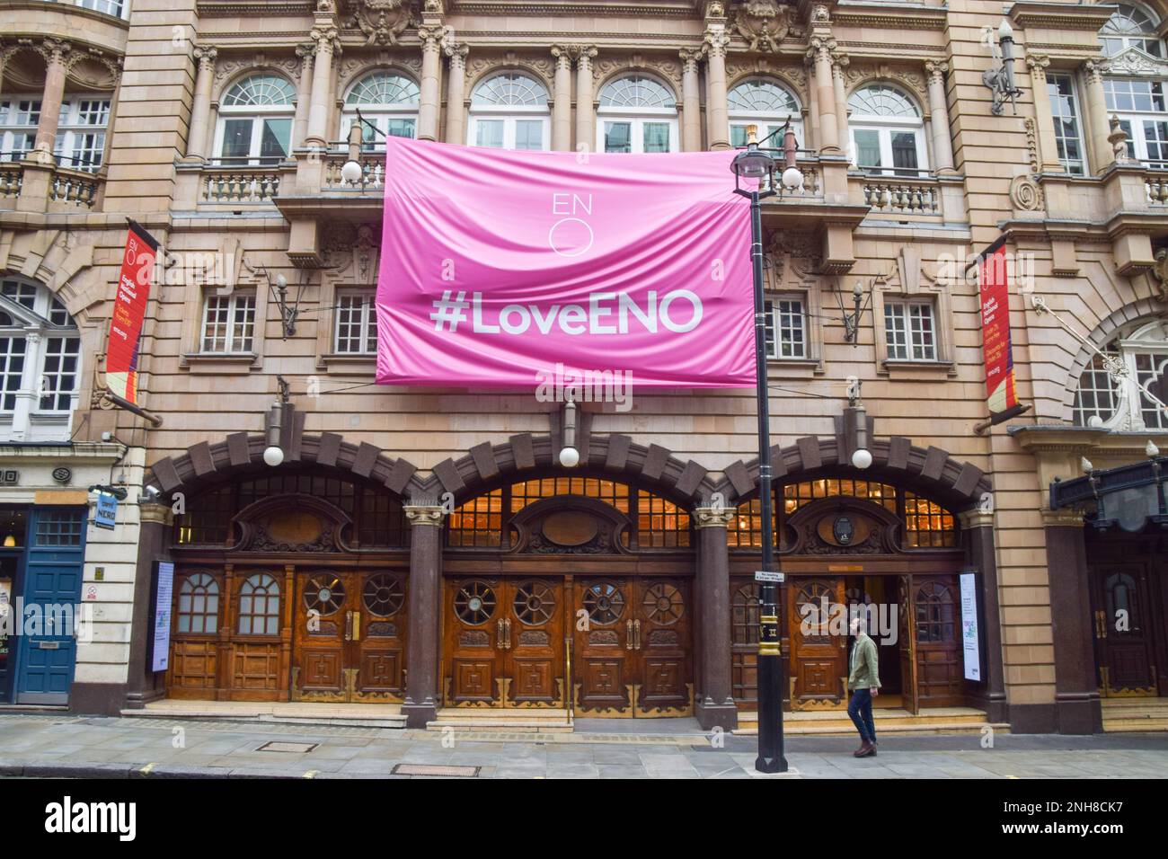 London, UK. 21st February 2023. English National Opera (ENO) banner outside London Coliseum Theatre, St Martin's Lane, West End. Stock Photo