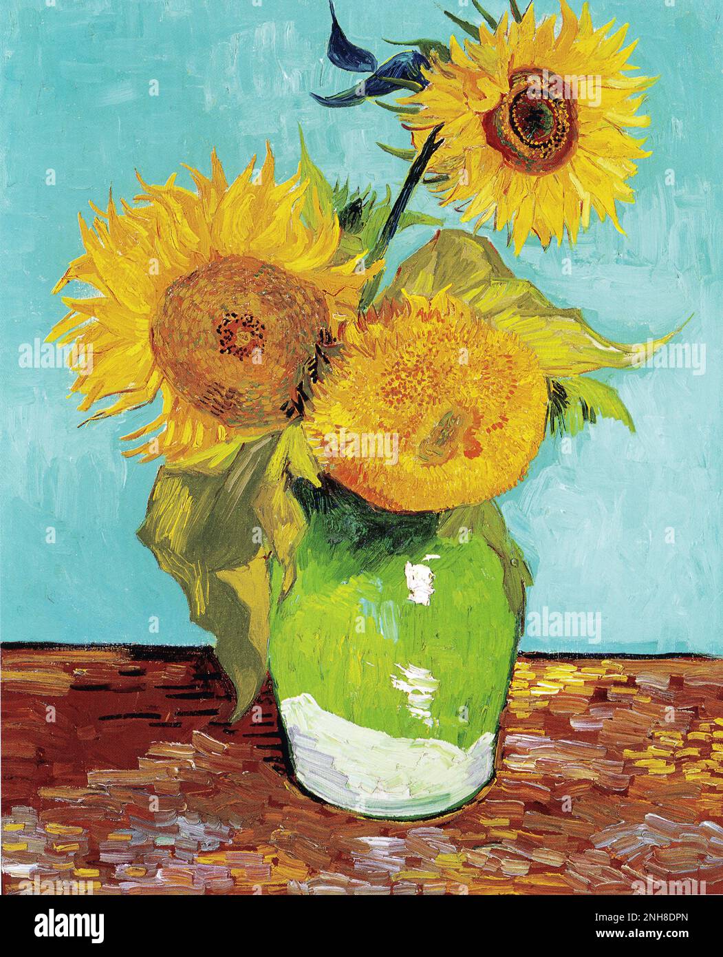 Oil on canvas painting of tree sunflowers in a vase by Vincent Van Gogh Stock Photo