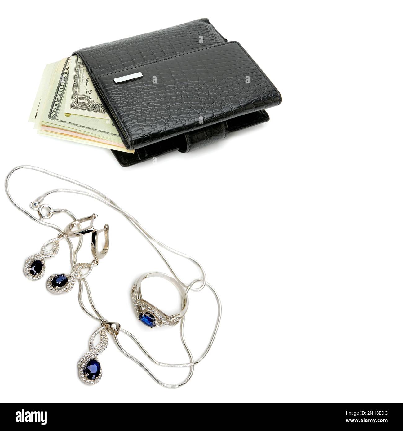 Wallet With American Dollars And Jewelry Set Isolated On White Wallet With American Dollars And Jewelry Set Isolated On White
