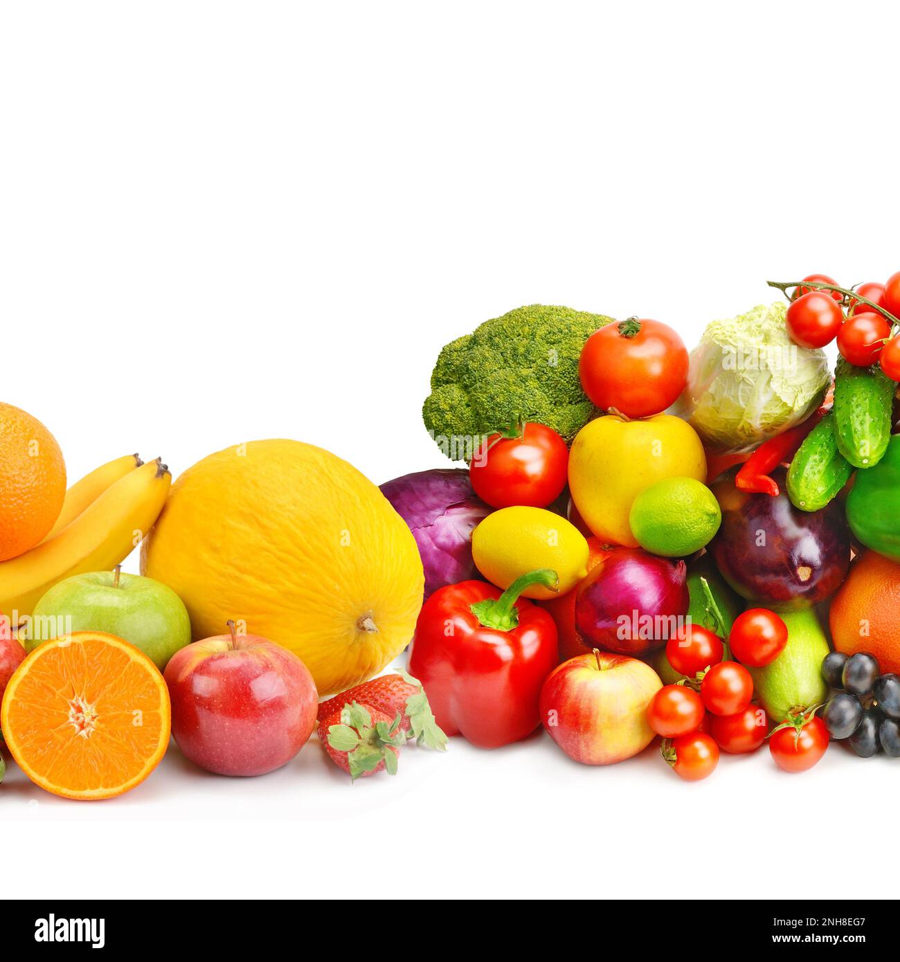 Vegetables and fruits isolated on white background. Collage. Free space for text. Stock Photo