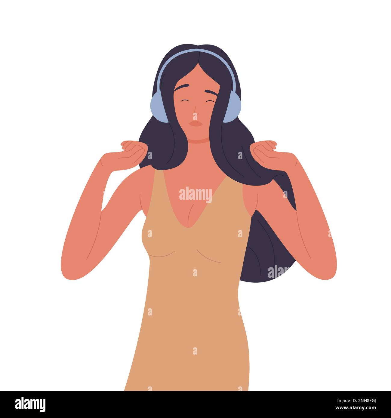 Relaxed girl listening to music. Chilling on favourite song, playlist on player vector