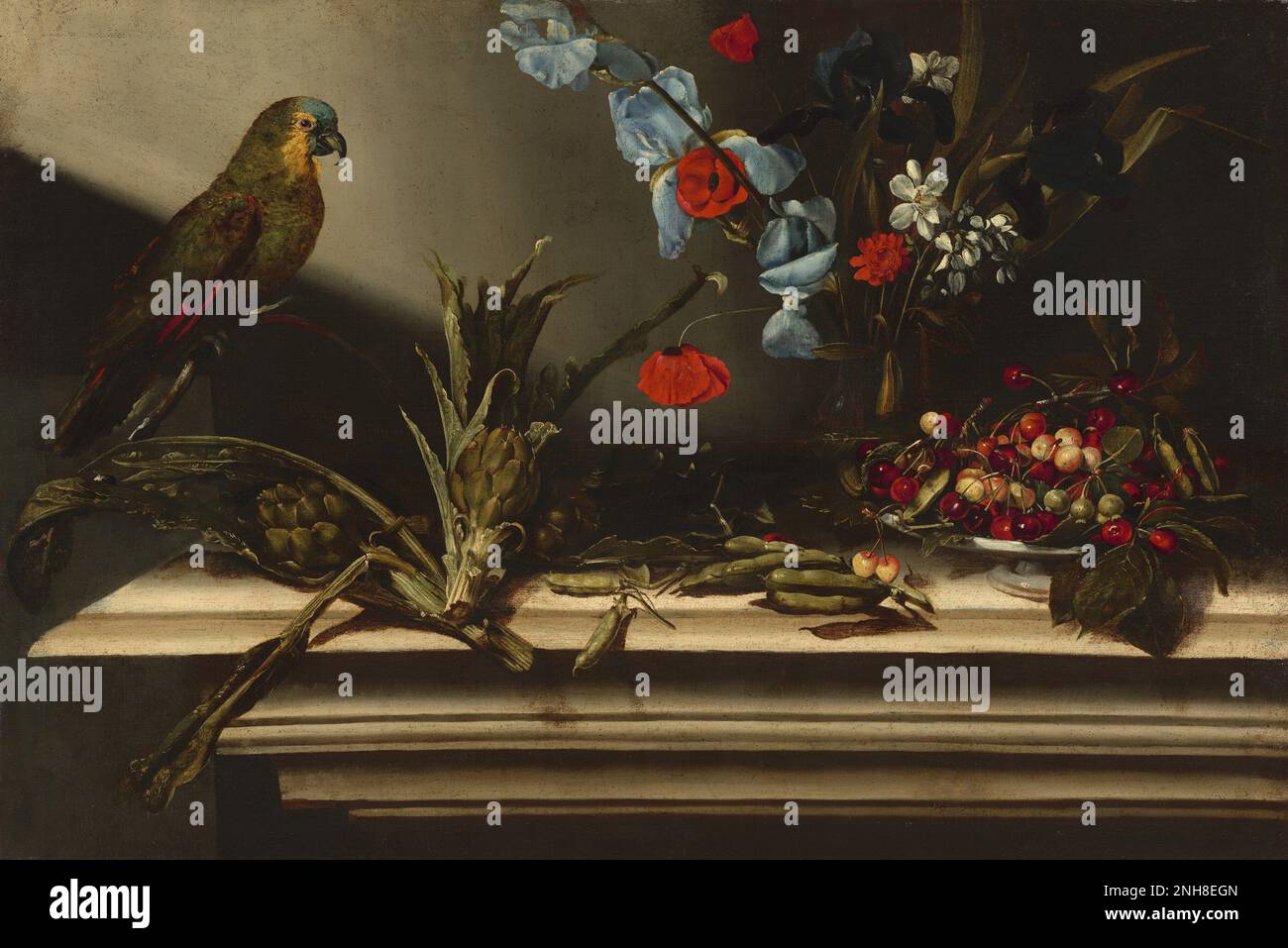 talian 17th Century Still Life with Artichokes and a Parrot 17th century Stock Photo