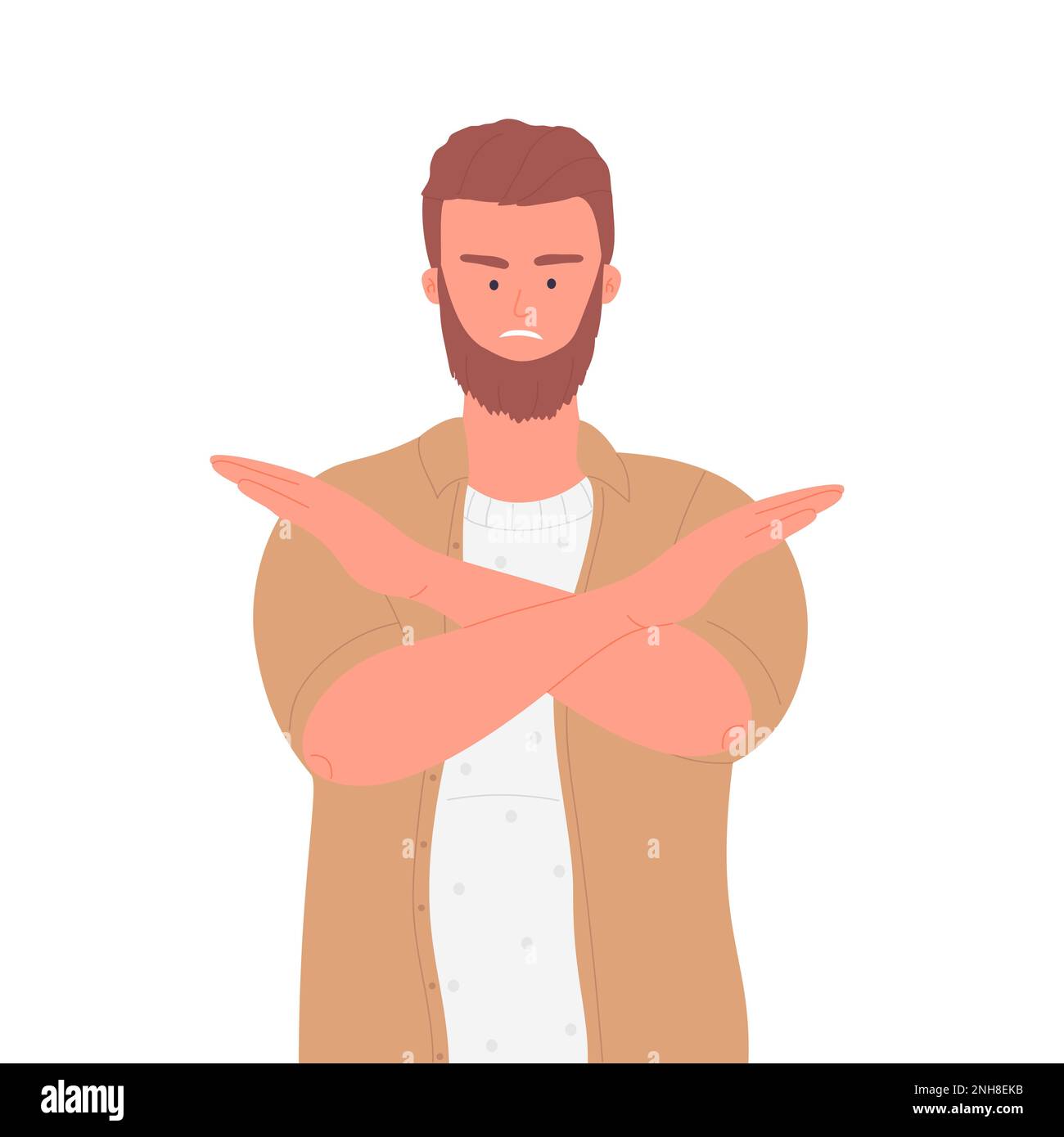 Upset boy with crossed arms. Stop hands gesture, nonverbal language vector illustration Stock