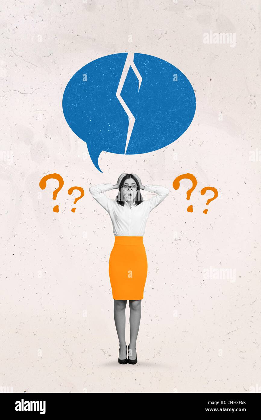 Question Color Dialogue Vertical collage image of impressed black white colors girl hands touch ...