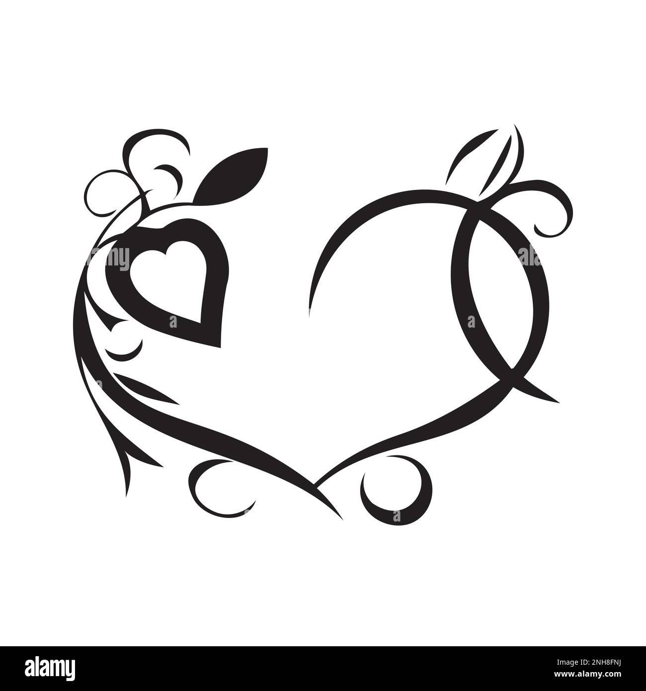 Decoration heart design with floral wreath. Line art hand drawn heart