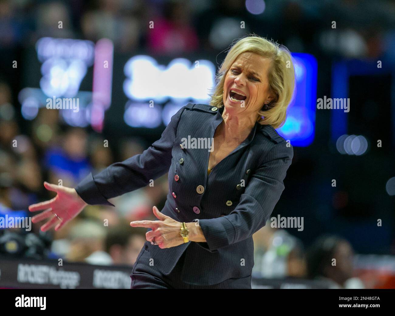 LSU head coach Kim Mulkey reacts during the first half of an NCAA