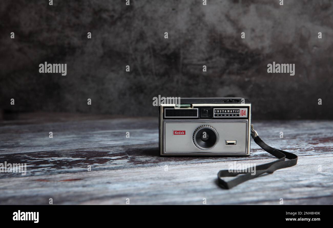 Still life image of Kodak instamatic camera with copy space left Stock Photo