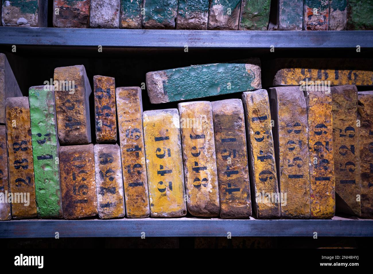 January 17 2023 Brest, Finistere, France : Old printing company with old  lithography stones Stock Photo